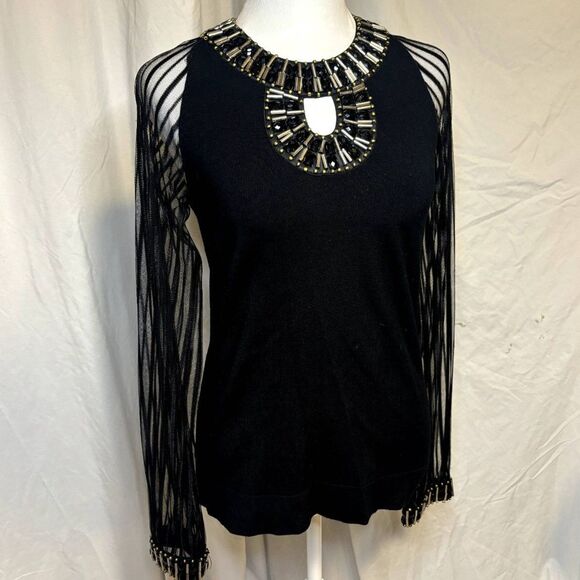Belldini Jeweled Sheer Sleeve Pullover Blouse Womens Zip Linen Black Long Sleeve - Picture 2 of 8